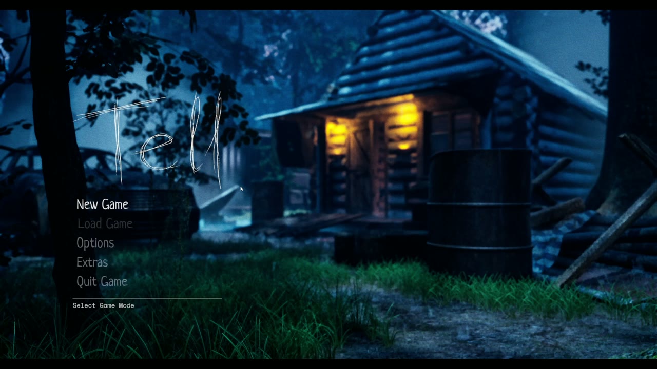 TELL title screen: a lit cabin in the woods at night