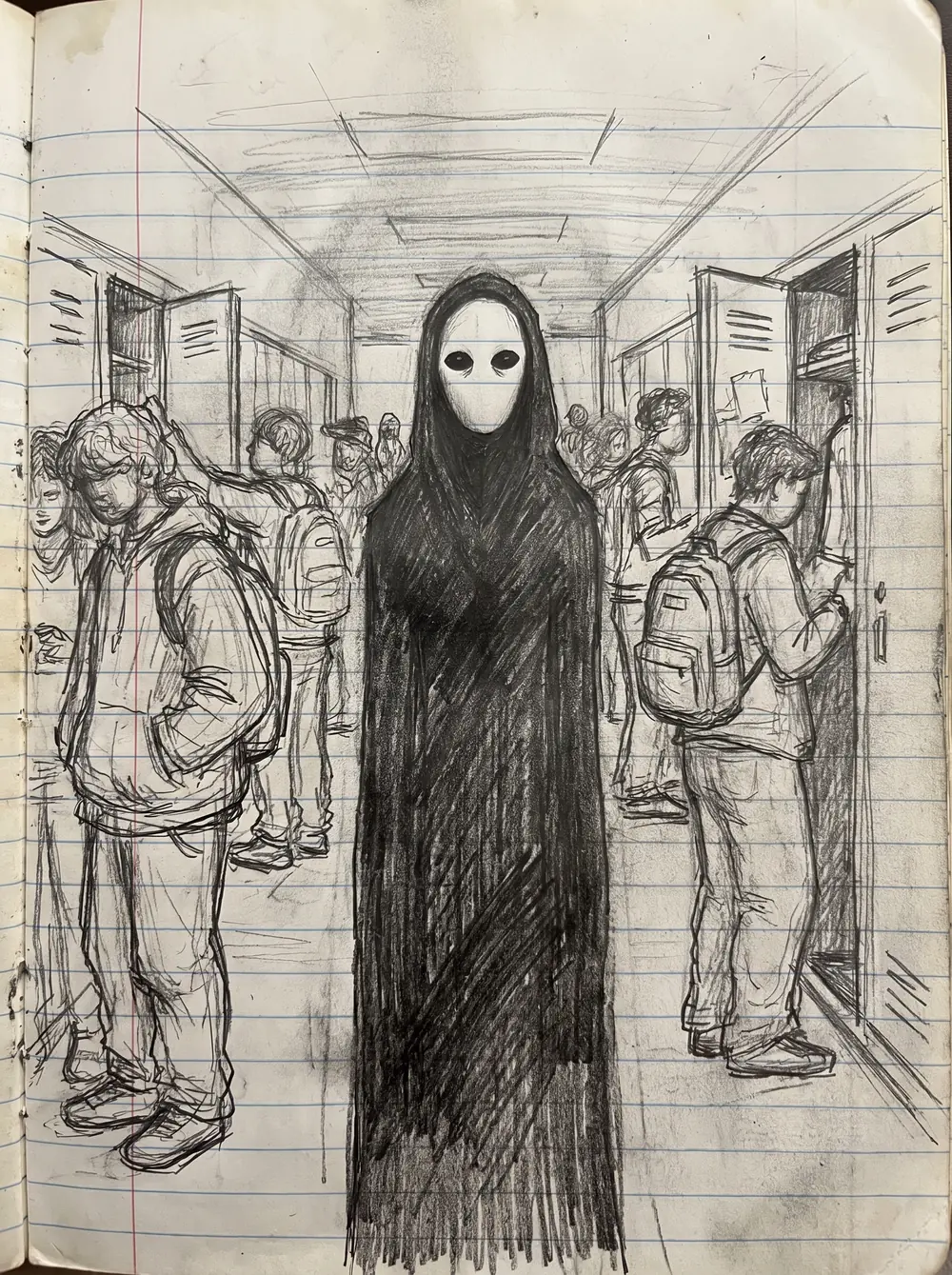 A pencil drawing on lined notebook paper: a tall masked figure in a
                        dark robe standing motionless in the middle of a school hallway, while
                        students at their lockers on either side carry on without noticing it.