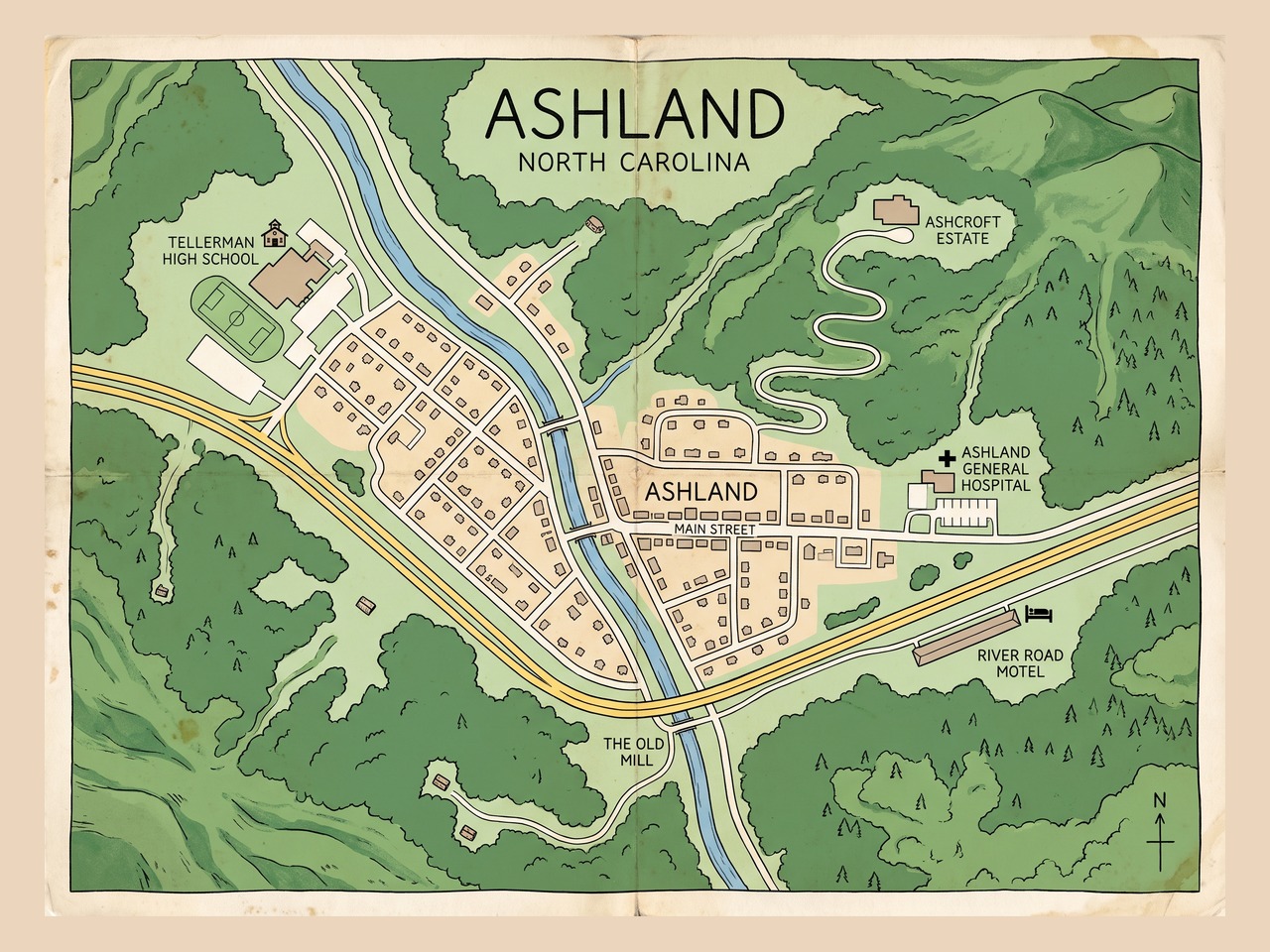Aerial map of Ashland, North Carolina in July 1996 — Tellerman High School, Main Street, the Ashcroft estate, the hospital and the highway motel marked
