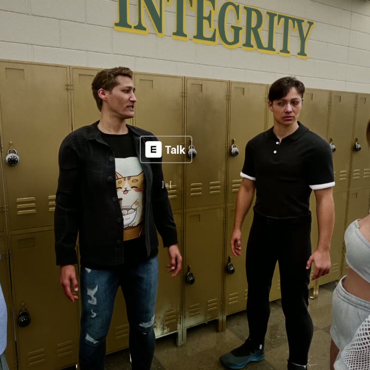 Four students at the lockers, each one looking somewhere different